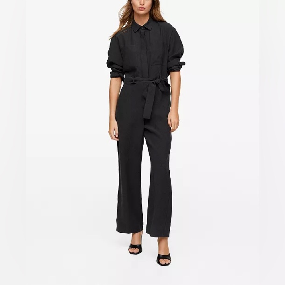 Mango Black Long-Sleeve Belted Jumpsuit